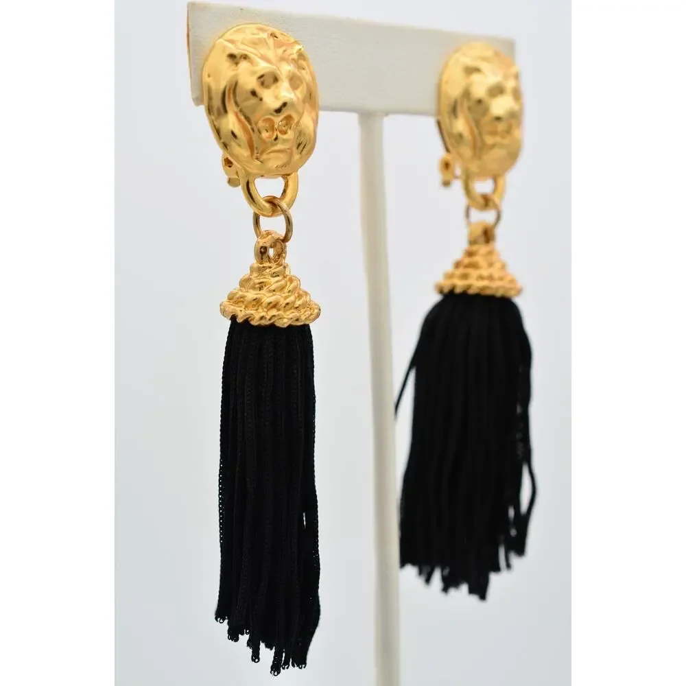 Vintage Lion Head Black Tassel Clip On Statement Earrings Brushed Gold 80s BinAR
